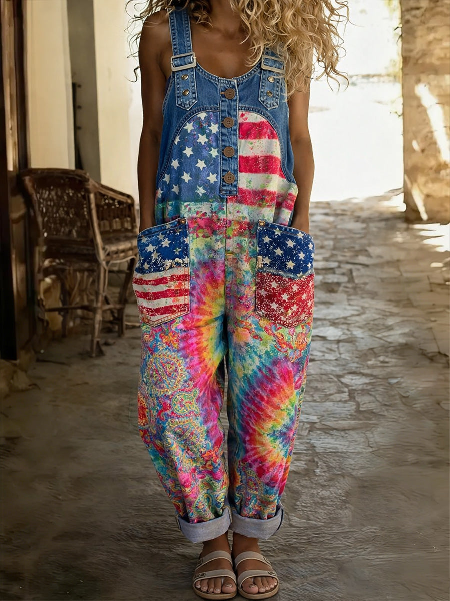 Women's Floral Art Print Washed Cotton Denim Patchwork Jumpsuit