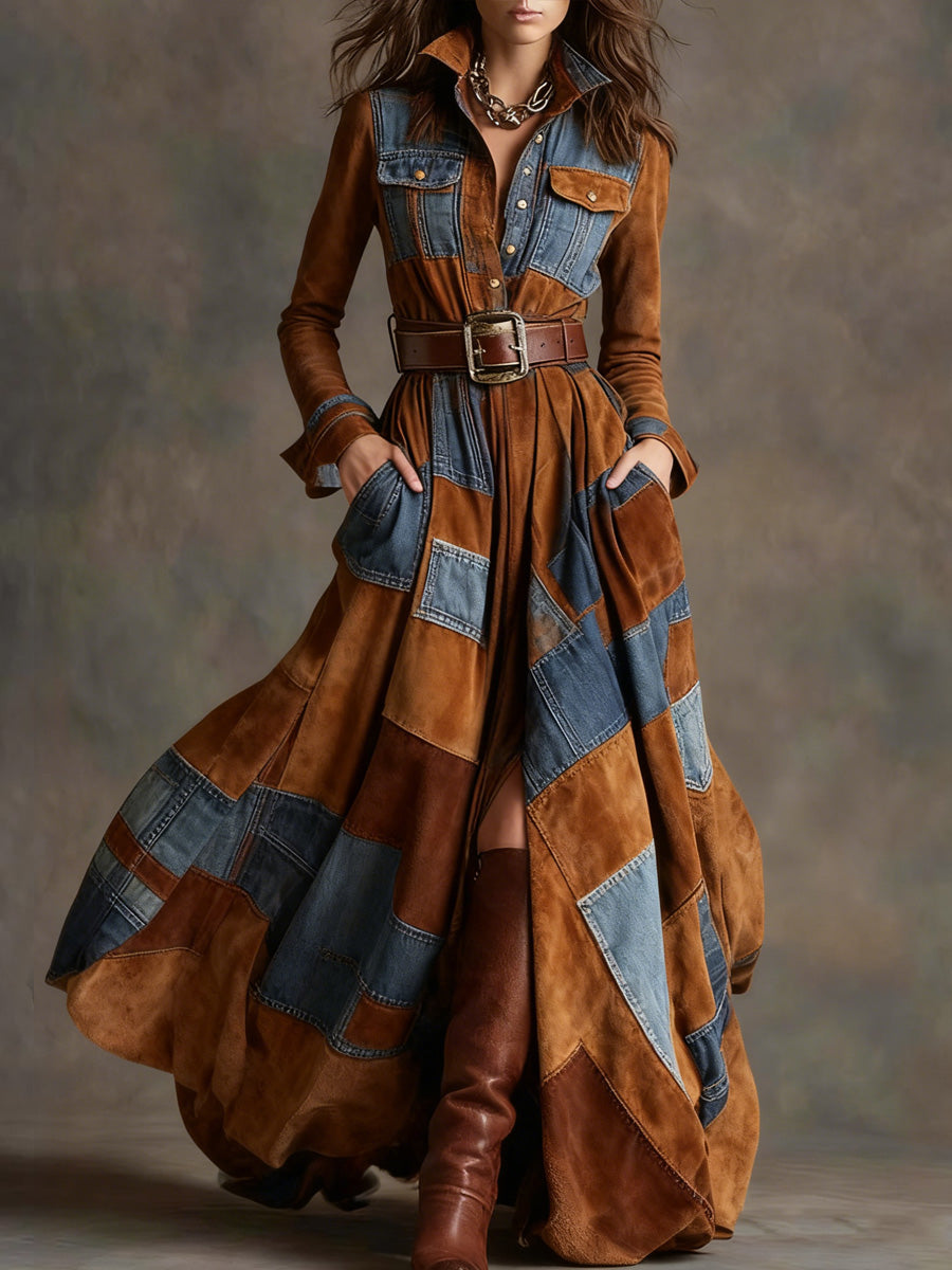 Retro Denim Suede Art Texture Printed V-Neck Vintage Pocket-Style Long Sleeve Maxi Dress