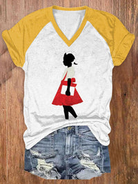 Women's  Black Girl In Red Dress Art Printed Short-Sleeved T-Shirt