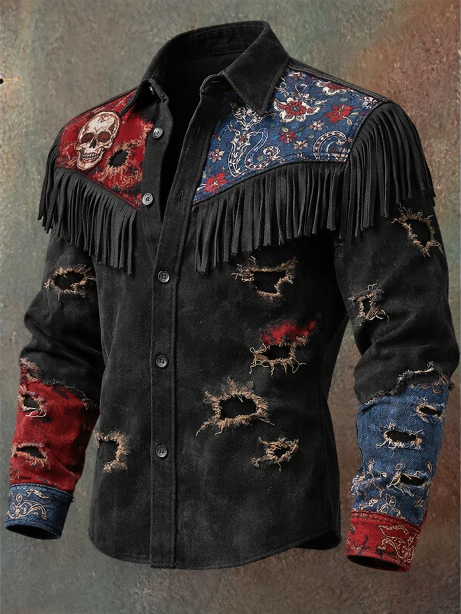 Men's Retro Western Style Print Vintage Tassel Casual Long Sleeve Shirt