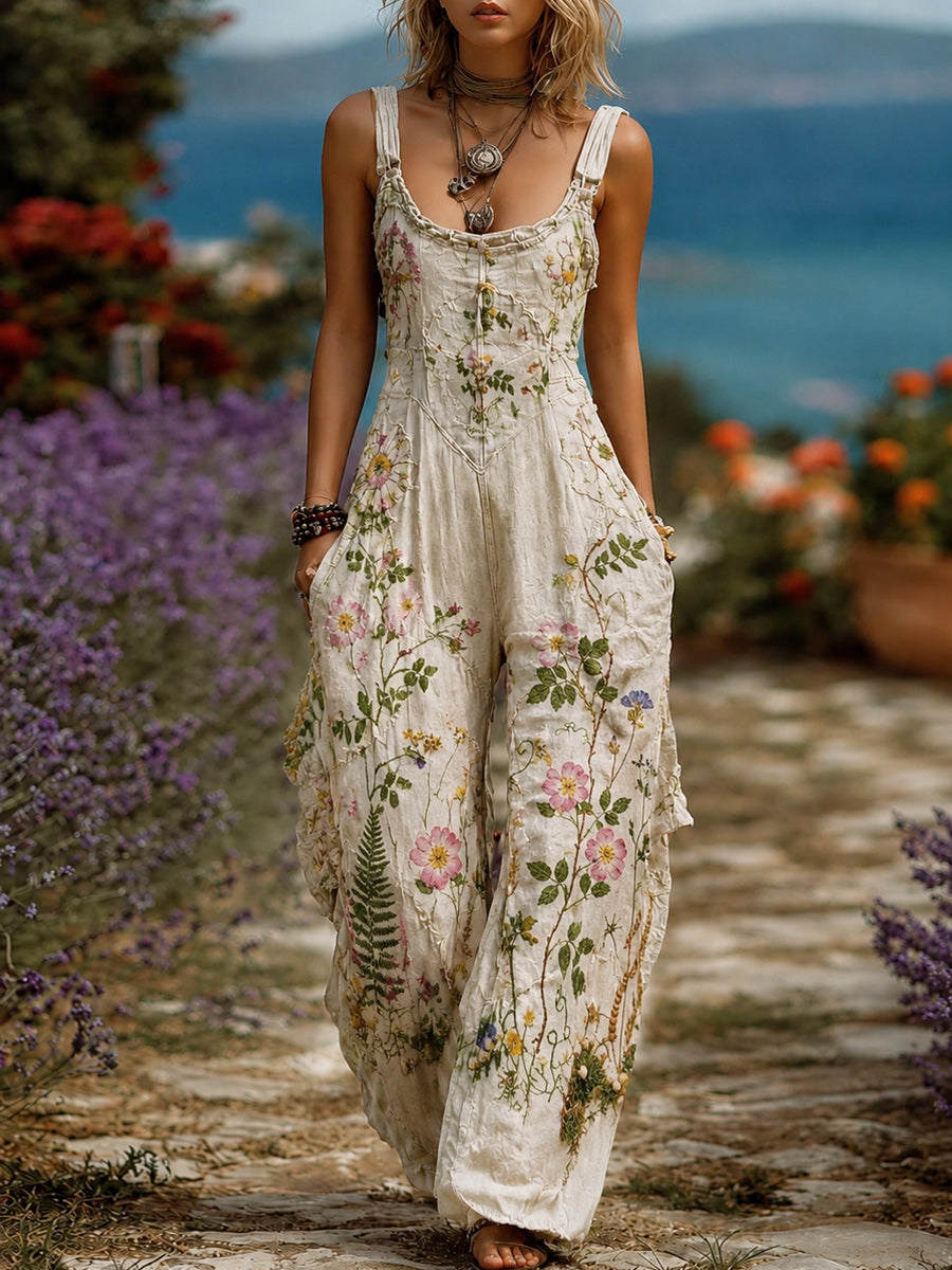 Women's Retro Style Art Print Washed Cotton Denim Patchwork Jumpsuit