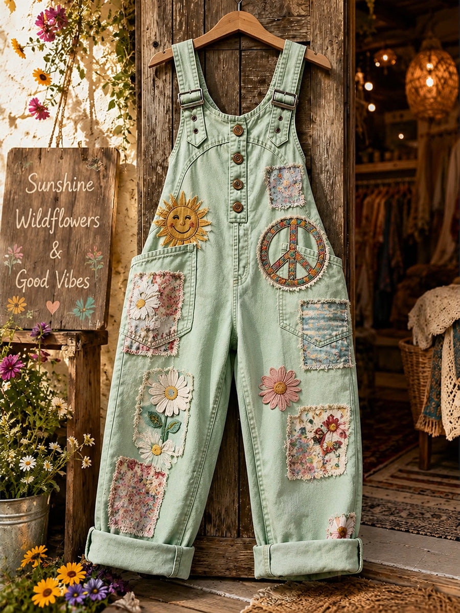 Women's Retro Style Art Print Washed Cotton Denim Patchwork Jumpsuit