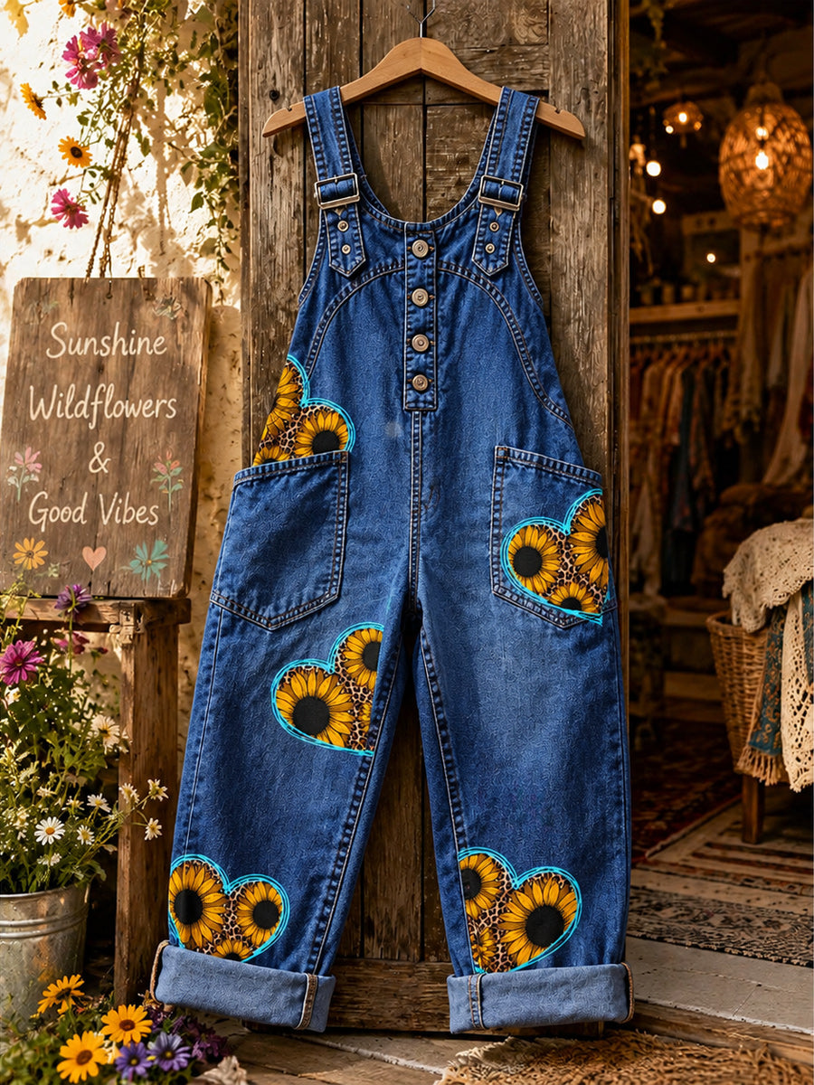 Women's Retro Style Art Print Washed Cotton Denim Patchwork Jumpsuit