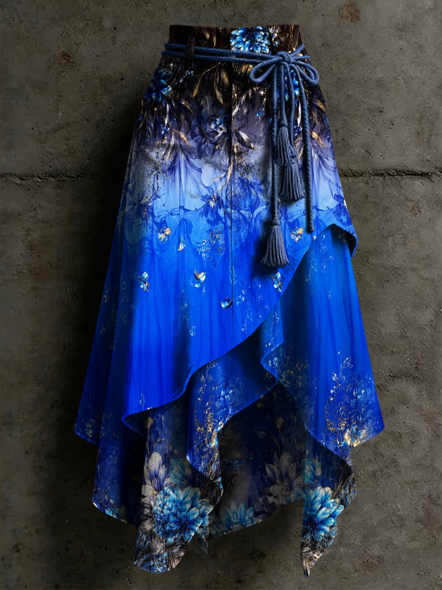 Women's Retro Style Art Print Irregularly Layered Stitched Skirt