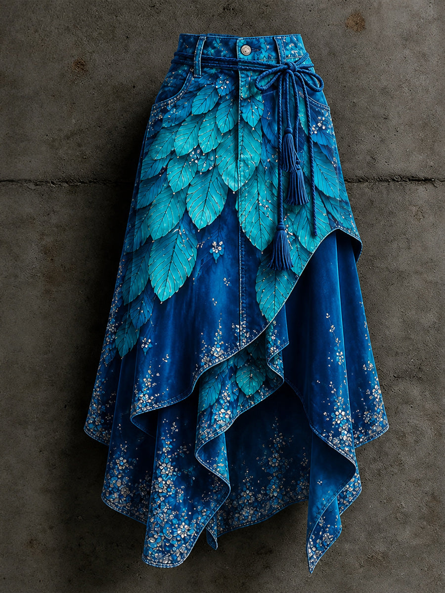 Women's Retro Style Art Print Irregularly Layered Stitched Skirt