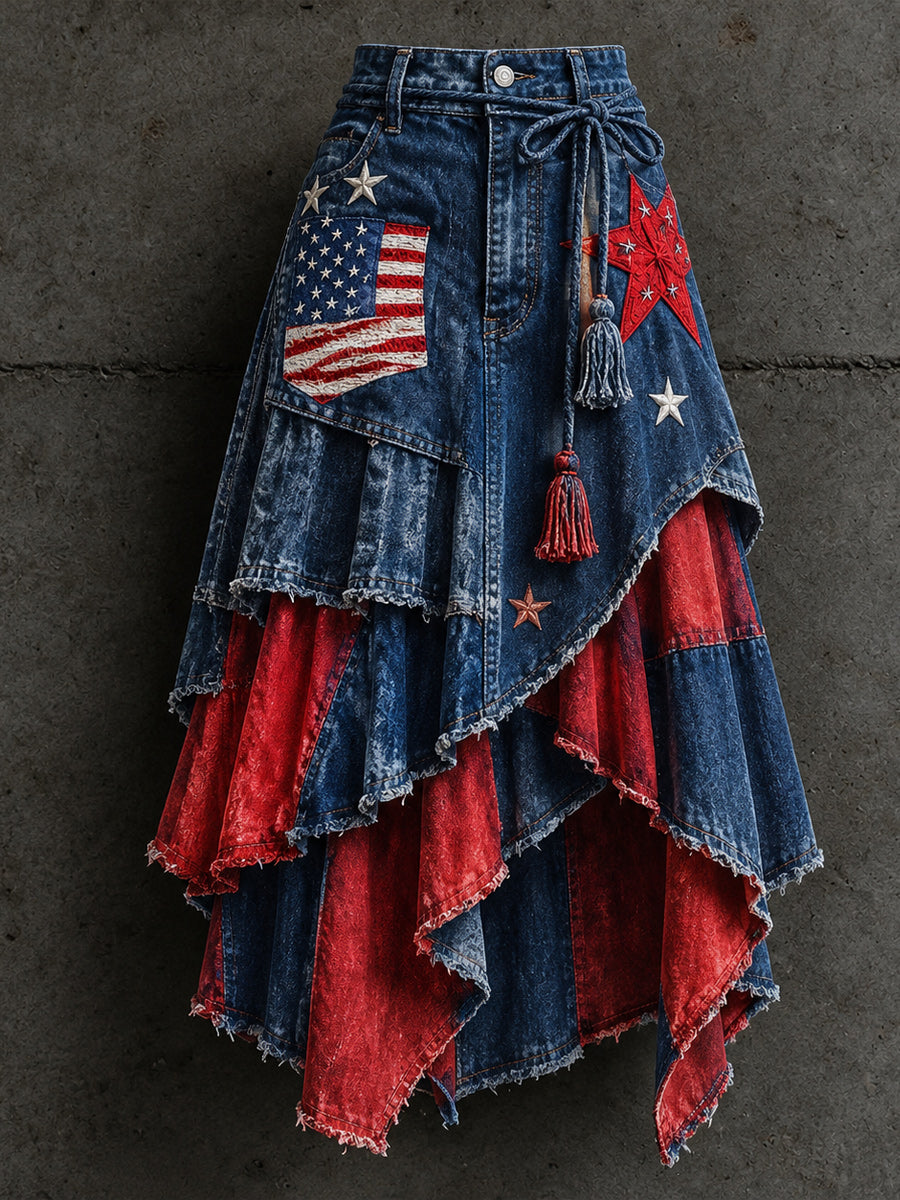 Women's Retro Style Art Print Irregularly Layered Stitched Skirt