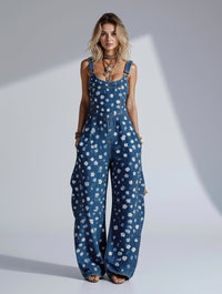 Women's Retro Style Art Print Washed Cotton Denim Patchwork Jumpsuit