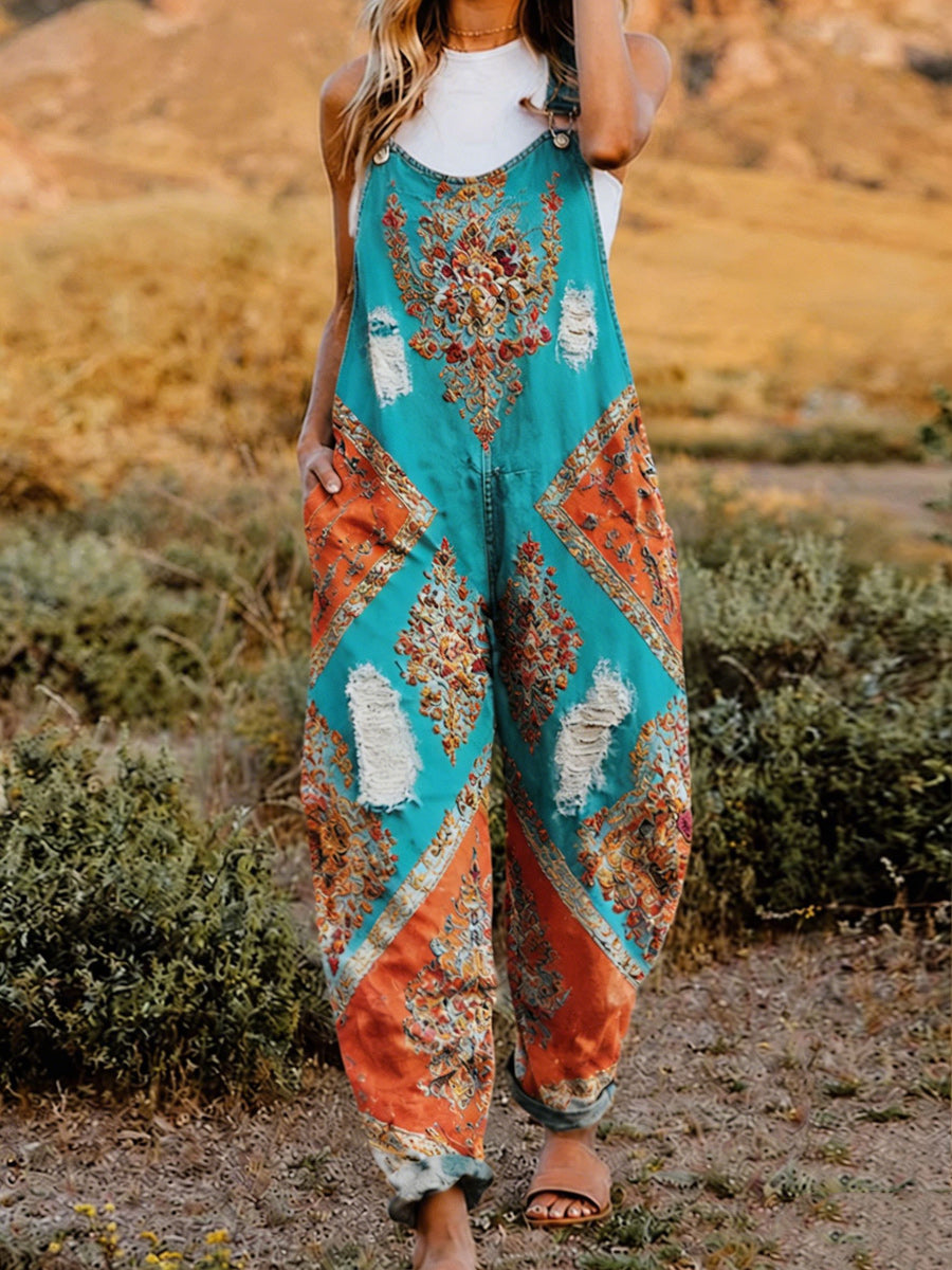 Women's Retro Style Art Print Washed Cotton Denim Patchwork Jumpsuit