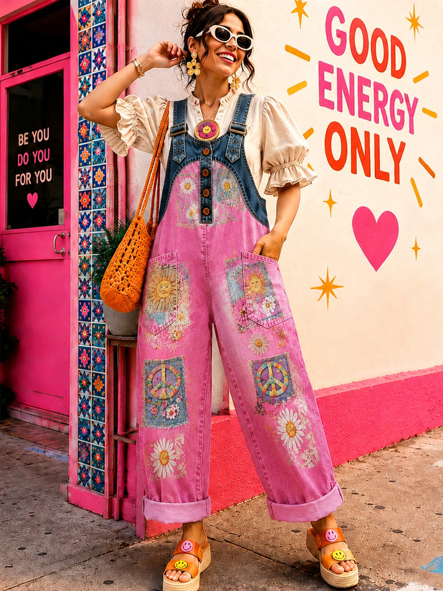 Women's Retro Style Art Print Washed Cotton Denim Patchwork Jumpsuit