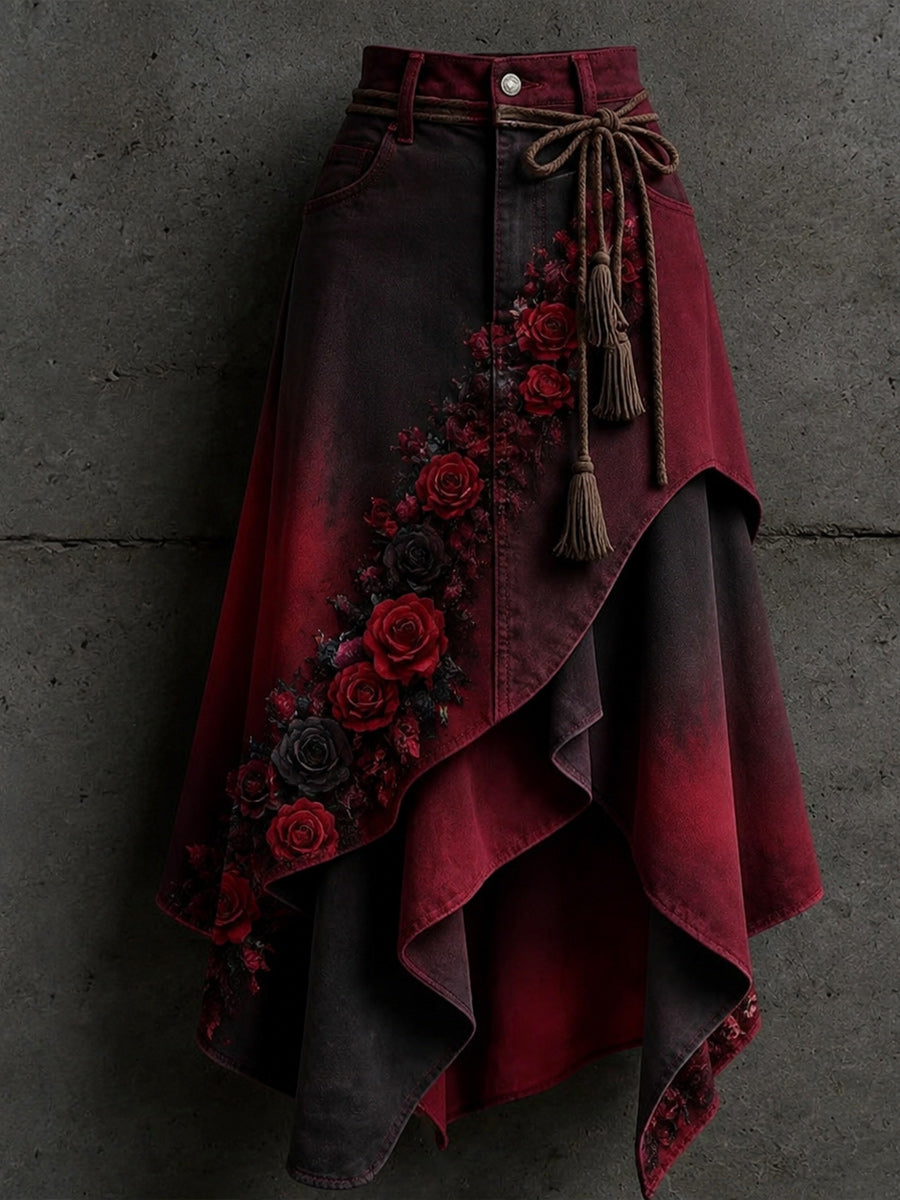 Women's Retro Style Art Print Irregularly Layered Stitched Skirt