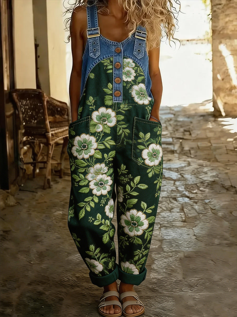 Women's Retro Style Art Print Washed Cotton Denim Patchwork Jumpsuit