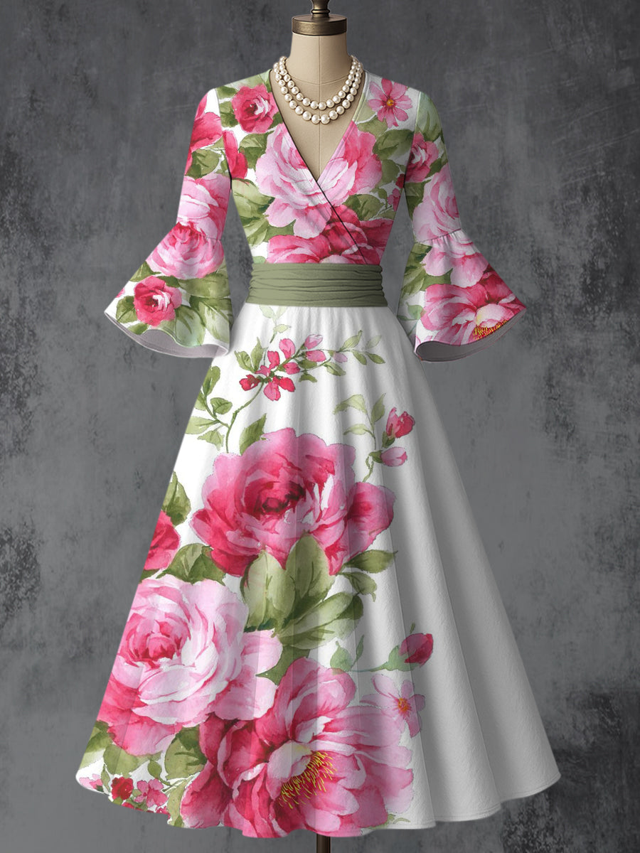 Retro Floral Art Printed V-Neck Vintage Chic Pleated Waist Flare Sleeve Midi Dress
