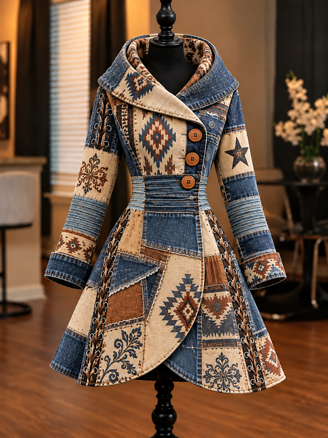 Women's Vintage Colorblock Asymmetrical Flared Coat