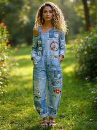 Women's Retro Floral Color-Blocked Art Print Washed Cotton Denim Patchwork Jumpsuit