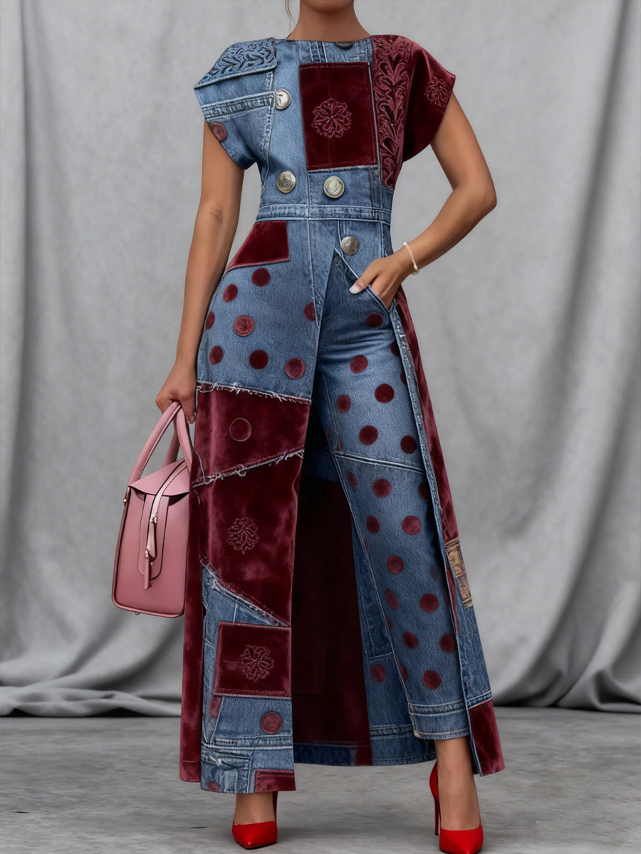 Retro Denim Art Print Vintage Long Split Shirts Dress Skinny Pants Two-Piece Set