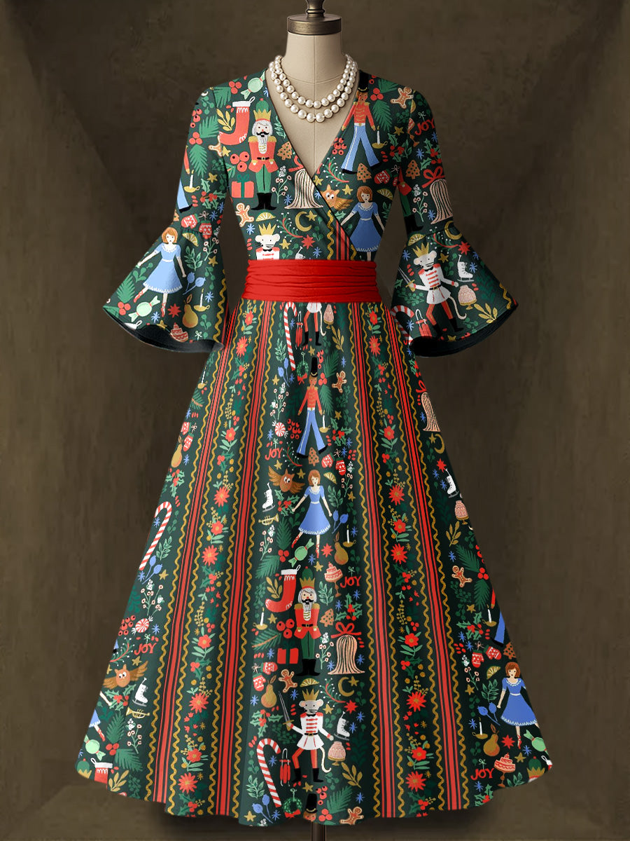 Retro Christmas Art Printed V-Neck Vintage Chic Pleated Waist Flare Sleeve Midi Dress