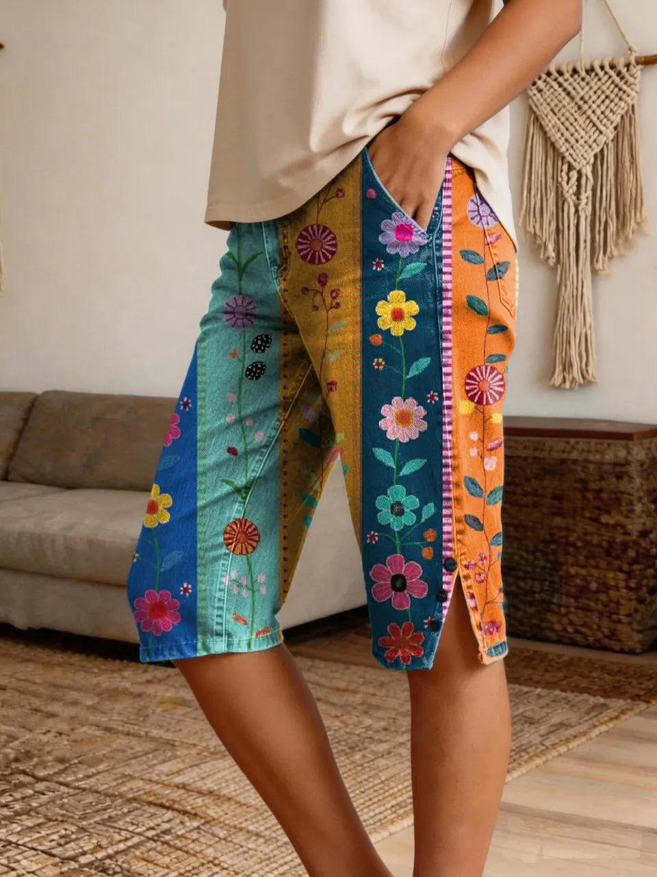 Women's Bohemian Colorful Floral Art Print Casual Denim Shorts