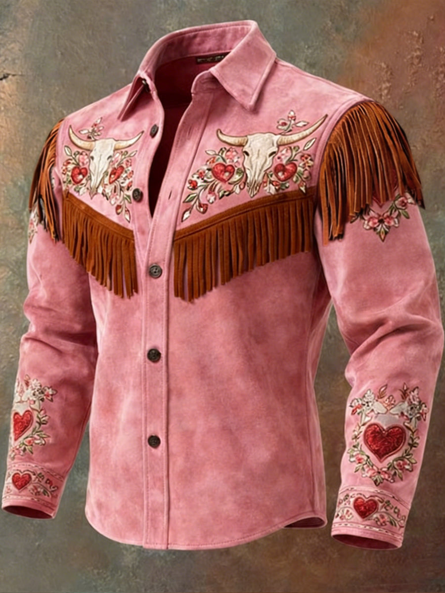 Men's Retro Western Style Heart Print Vintage Tassel Casual Long Sleeve Shirt