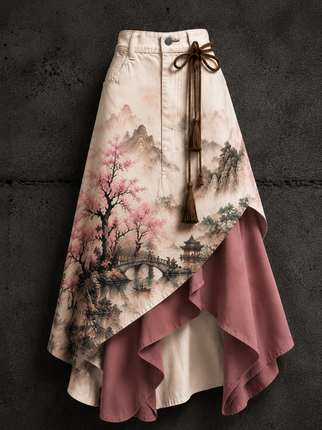Women's Retro Style Art Print Irregularly Layered Stitched Skirt