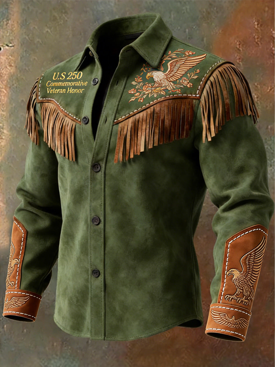 Men's Retro Western Style U.S 250 Commemorative Veteran Print Vintage Tassel Casual Long Sleeve Shirt