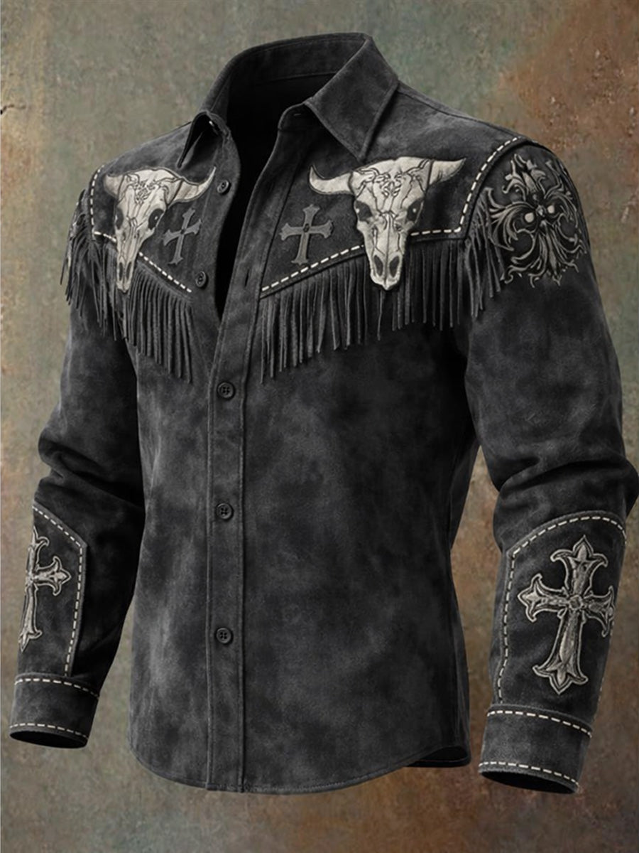 Men's Retro Western Style Art Print Vintage Casual Cotton Long Sleeve Shirt