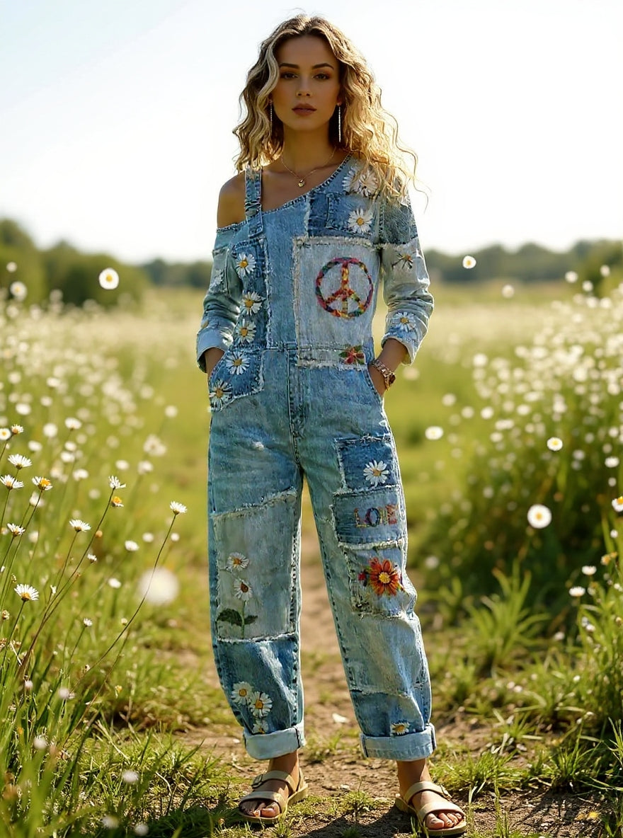 Women's Retro Floral Color-Blocked Art Print Washed Cotton Denim Patchwork Jumpsuit