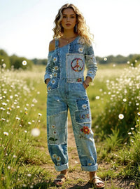 Women's Retro Floral Color-Blocked Art Print Washed Cotton Denim Patchwork Jumpsuit