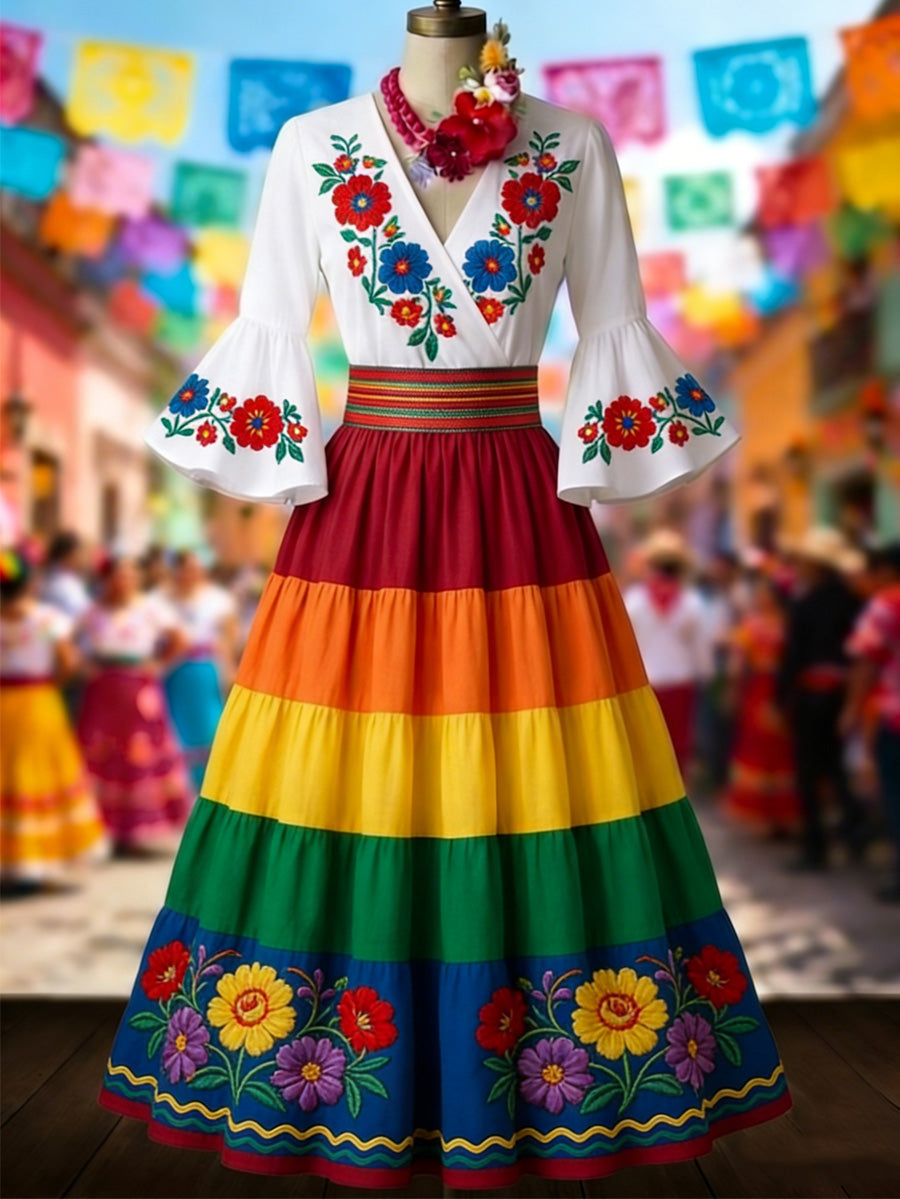 Retro Mexico Floral Art Printed V-Neck Vintage Pleated Waist Flare Sleeve Midi Dress