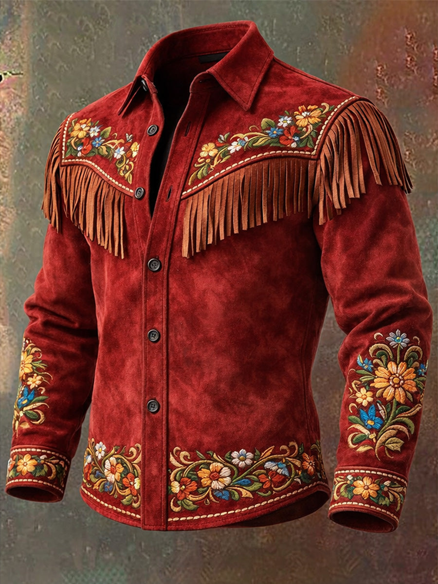 Men's Retro Mexican Art Print Western Vintage Tassel Casual Long Sleeve Shirt
