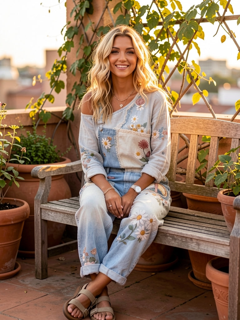 Women's Retro Floral Color-Blocked Art Print Washed Cotton Denim Patchwork Jumpsuit