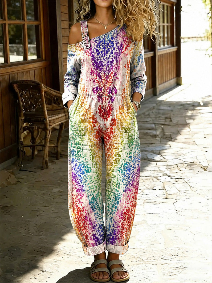 Women's Retro Pride Month Rainbow Art Print Washed Cotton Denim Patchwork Jumpsuit