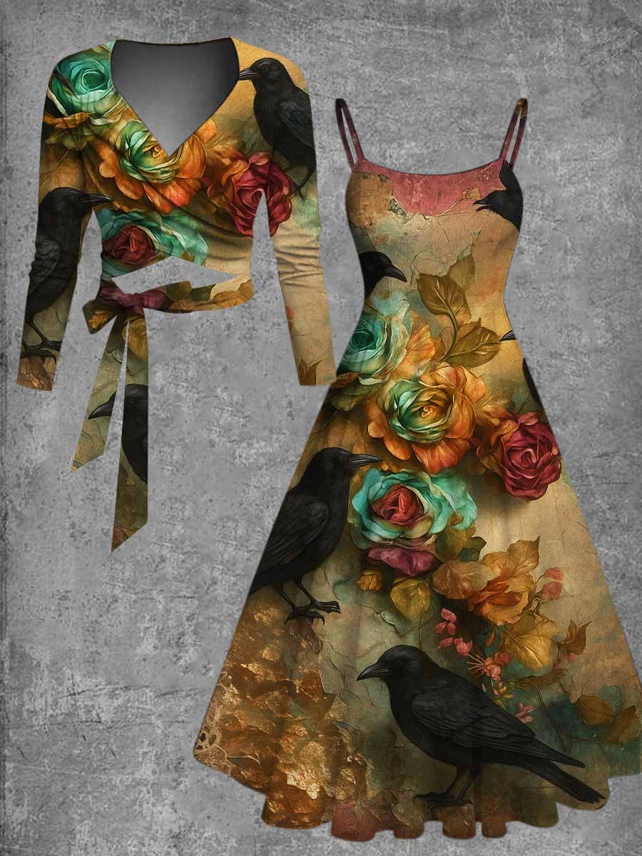 Retro Gothic Floral Art Printed Vintage Unique Slim Fit Cross Wrap Long Sleeve Two-Piece Midi Dress