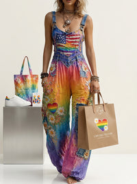 Women's Retro Style Art Print Washed Cotton Denim Patchwork Jumpsuit