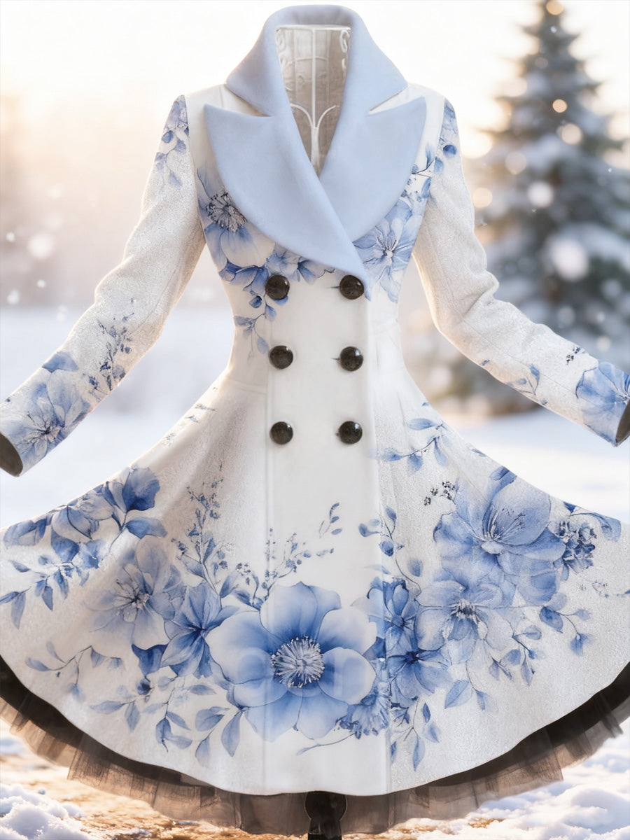 Retro Artistic Floral Print Vintage Elegance Lapel Button Up Long Sleeve Coat Dress