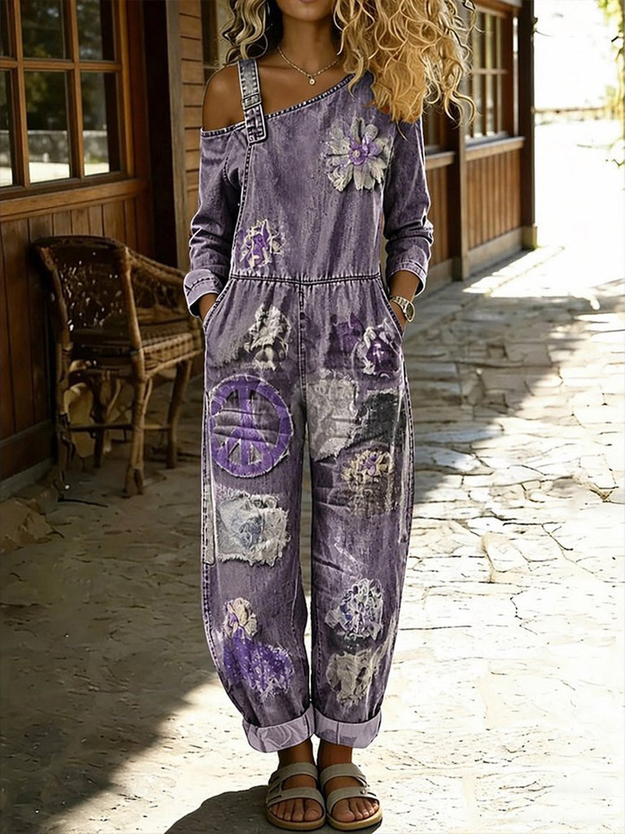 Women's Retro Style Floral Art Print Washed Cotton Denim Patchwork Jumpsuit
