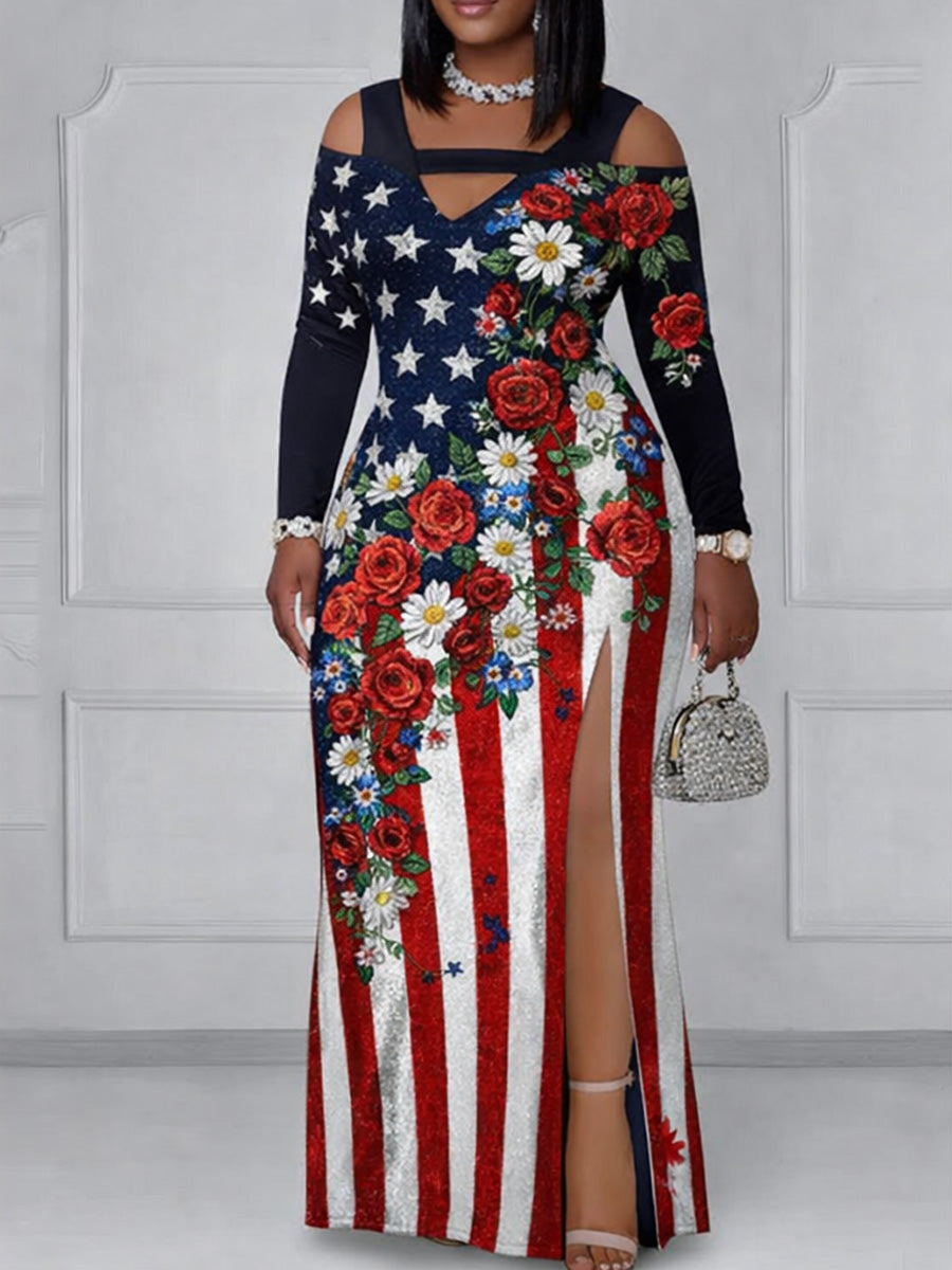 Retro 250th Anniversary Floral Art Printed Vintage Off Shoulder Style Slit Maxi Dress