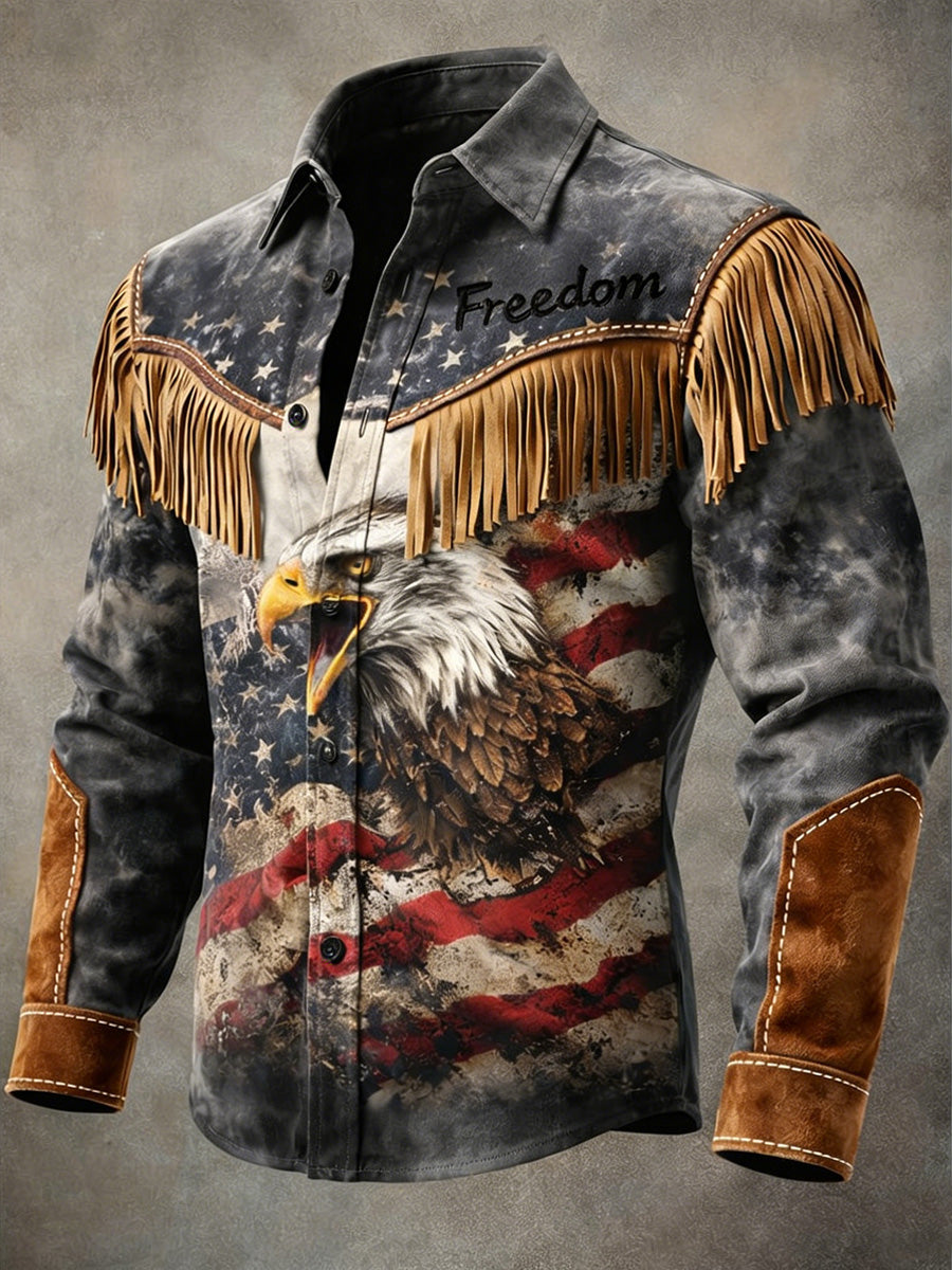 Men's Retro U.S 250 American Eagle Print Western Vintage Tassel Casual Long Sleeve Shirt