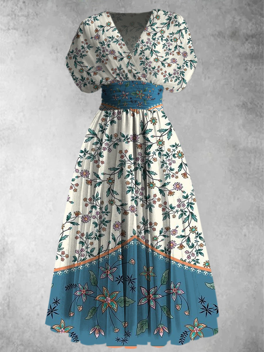 Retro Floral Art Printed Elegant V-Neck Vintage Short Sleeve Maxi Dress