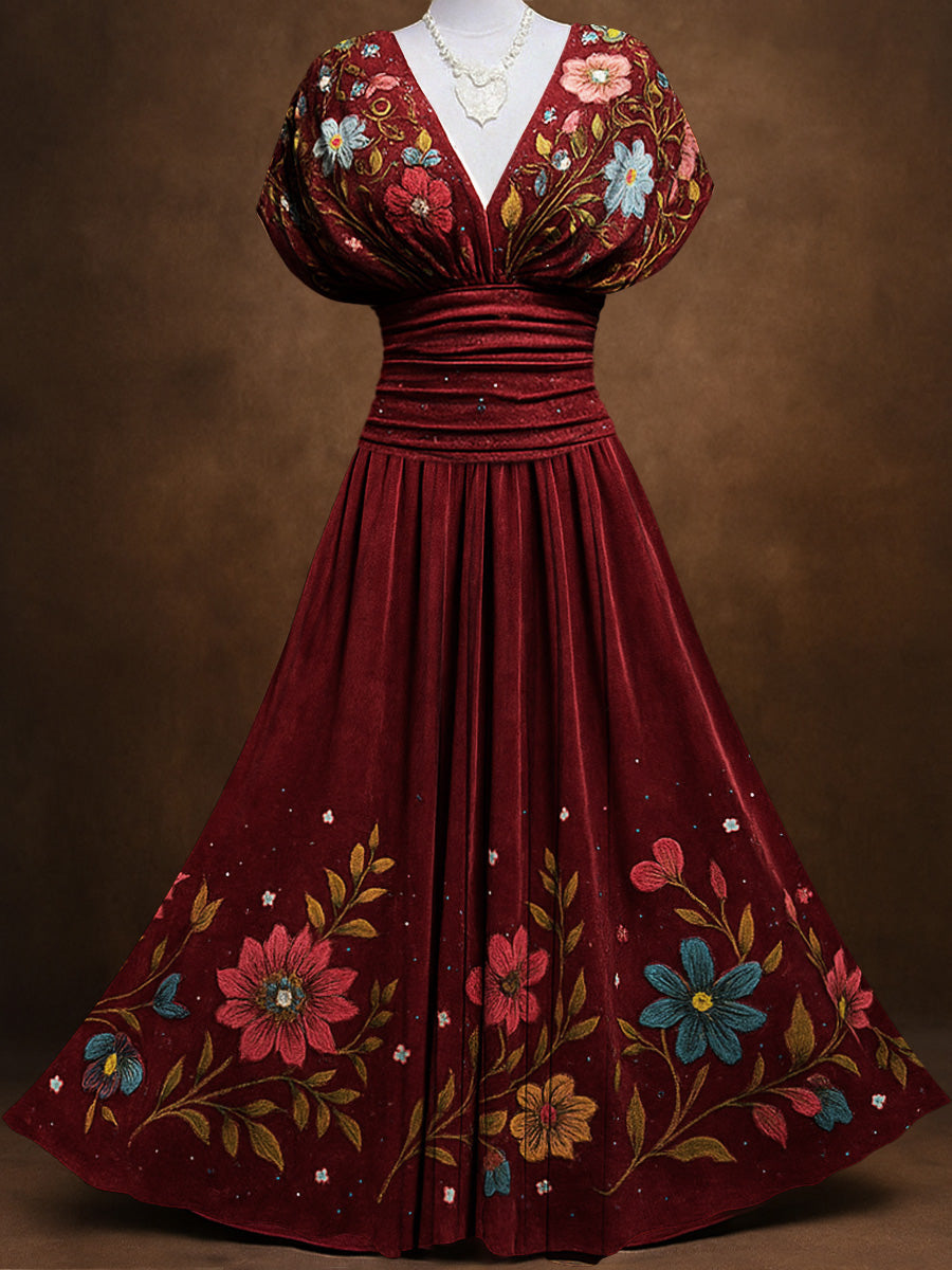 Retro Suede Floral Carved Art Printed Elegant V-Neck Vintage Batwing Short Sleeve Maxi Dress
