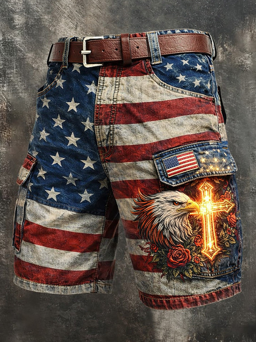 Men's Retro Style USA Flag Art Print Casual Loose Pocket Work Shorts