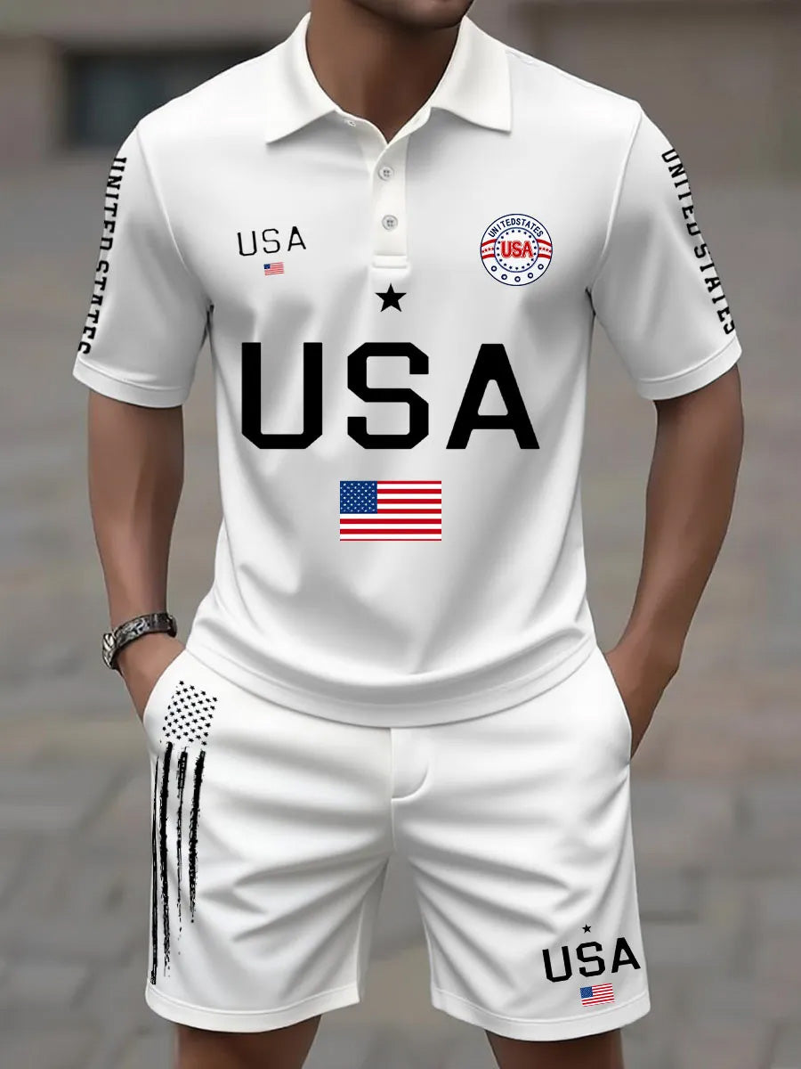USA Flag Art Printed Resort Style Polo Shirt And Shorts Set