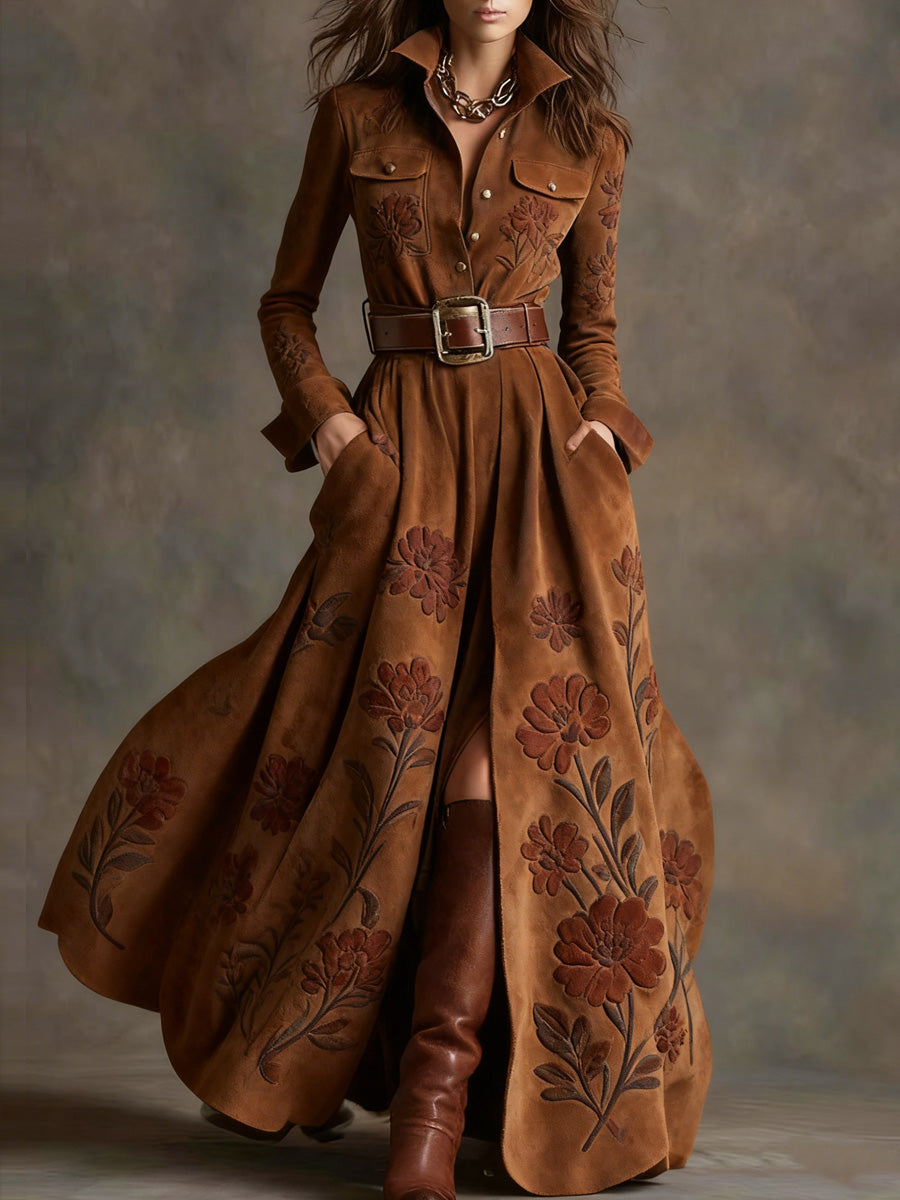 Retro Floral Art Texture Printed V-Neck Vintage Pocket-Style Long Sleeve Maxi Dress