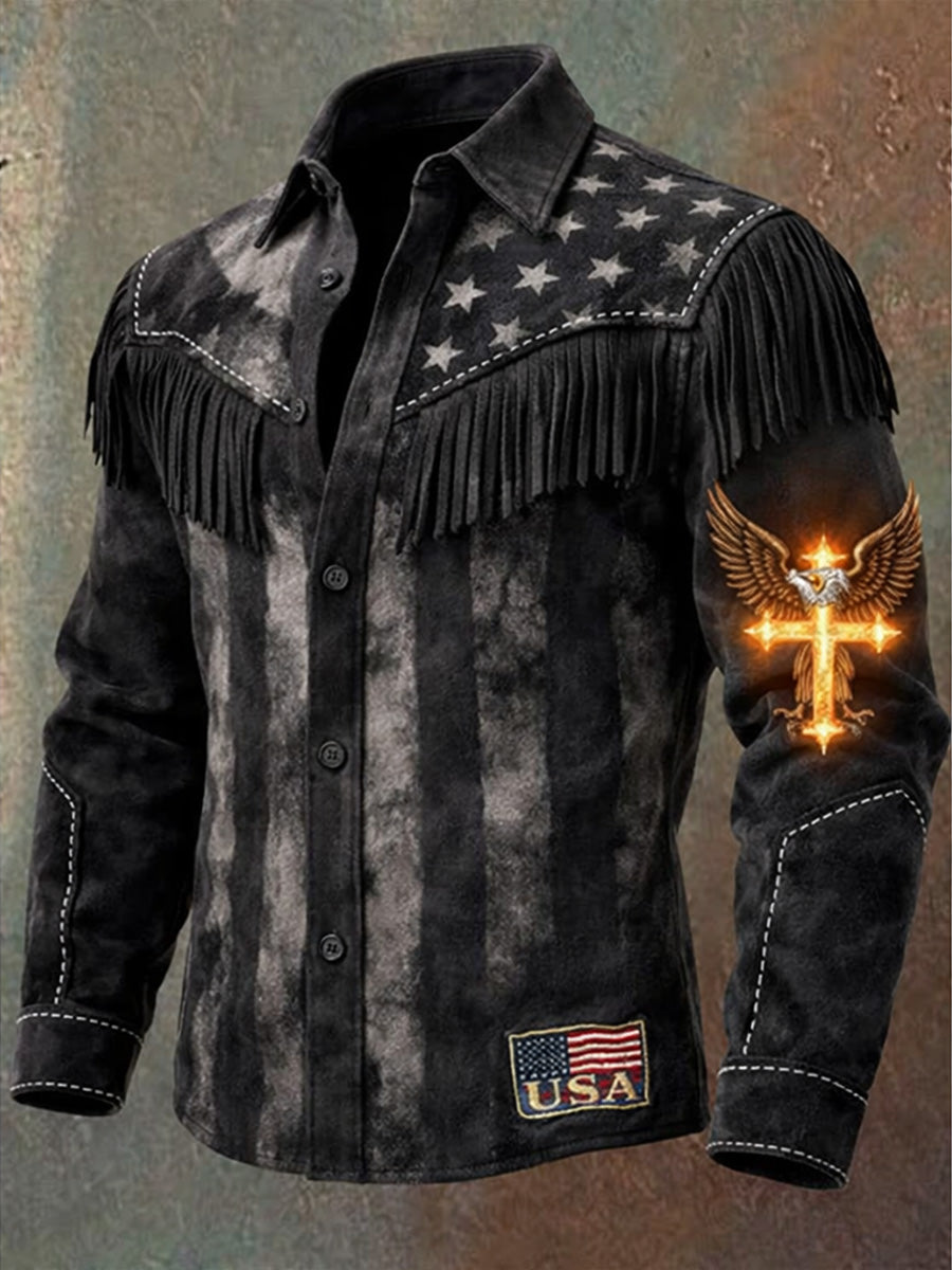 Men's Retro USA Flag Art Print Western Vintage Tassel Casual Long Sleeve Shirt
