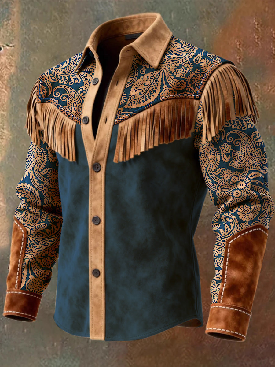 Men's Retro Western Style Art Print Vintage Tassel Casual Long Sleeve Shirt