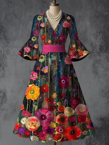 Retro Floral Art Printed V-Neck Vintage Chic Pleated Waist Flare Sleeve Midi Dress