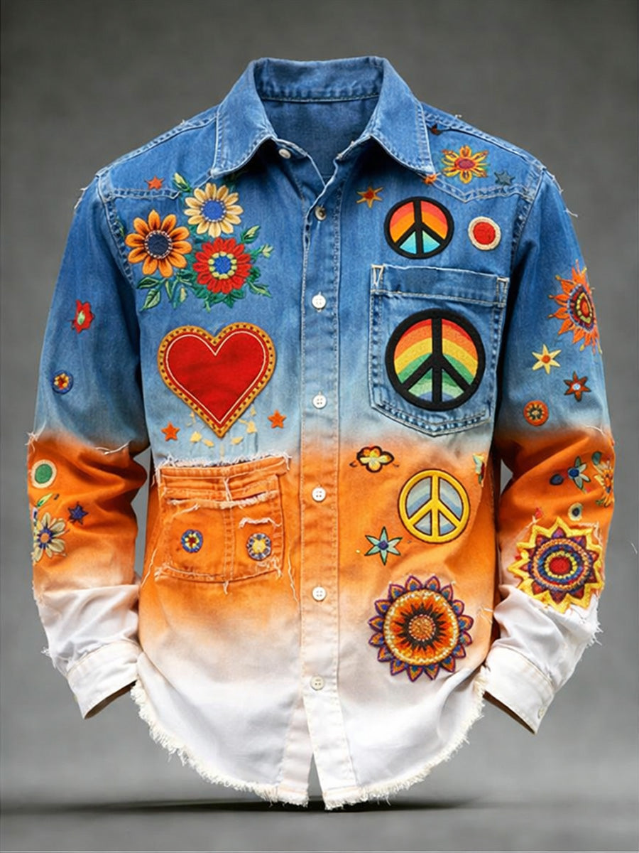 Men's Hippie Art Print Cotton Vintage Casual Cotton Long Sleeve Shirt