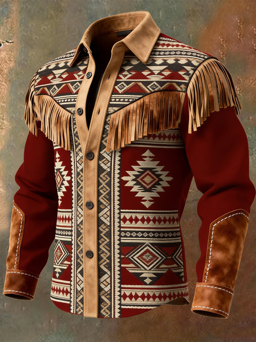 Men's Retro Western Style Art Print Vintage Tassel Casual Long Sleeve Shirt