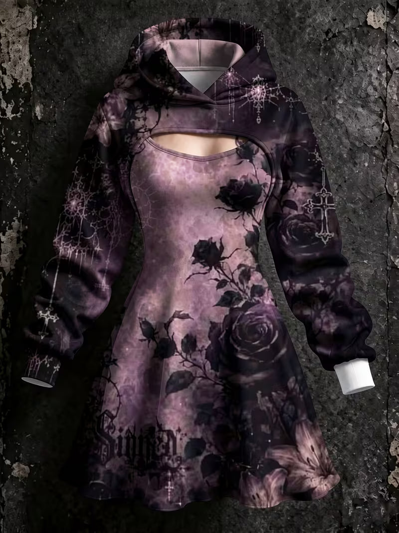 Women's Gothic Art Print Long Sleeve Hooded Shrug Cami A-Line Dress Two Piece Sets