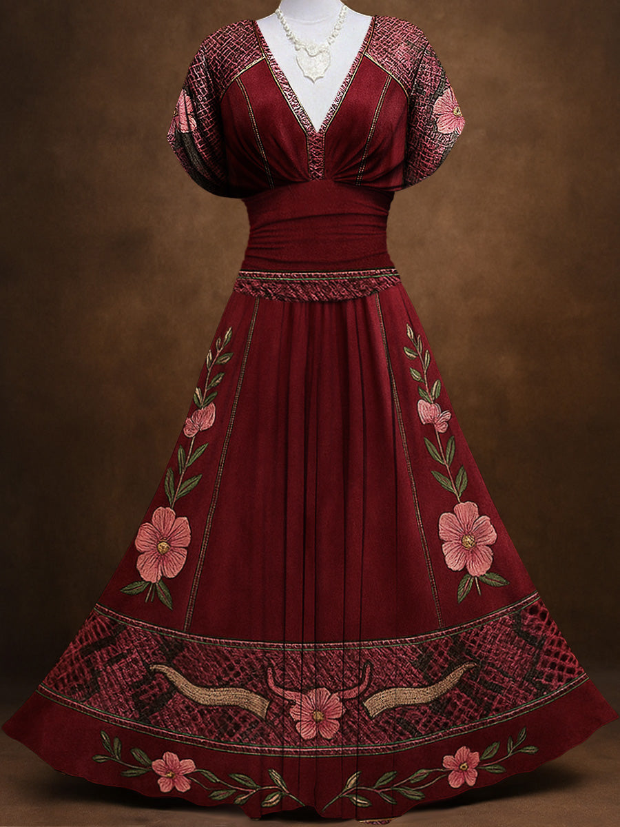 Retro Suede Floral Carved Art Printed Elegant V-Neck Vintage Batwing Short Sleeve Maxi Dress