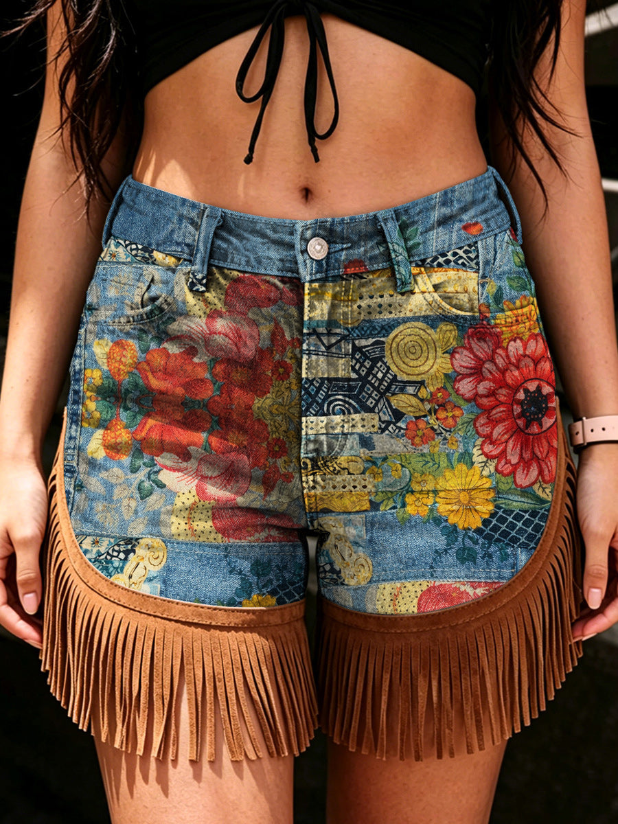 Women's Retro Style Art Print Casual Leather Fringe Patchwork Pocket Shorts